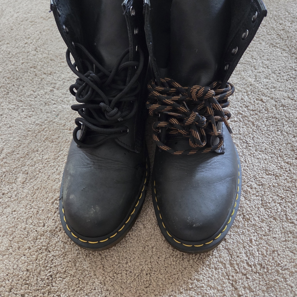 Black Leather Boots with Yellow Stitching